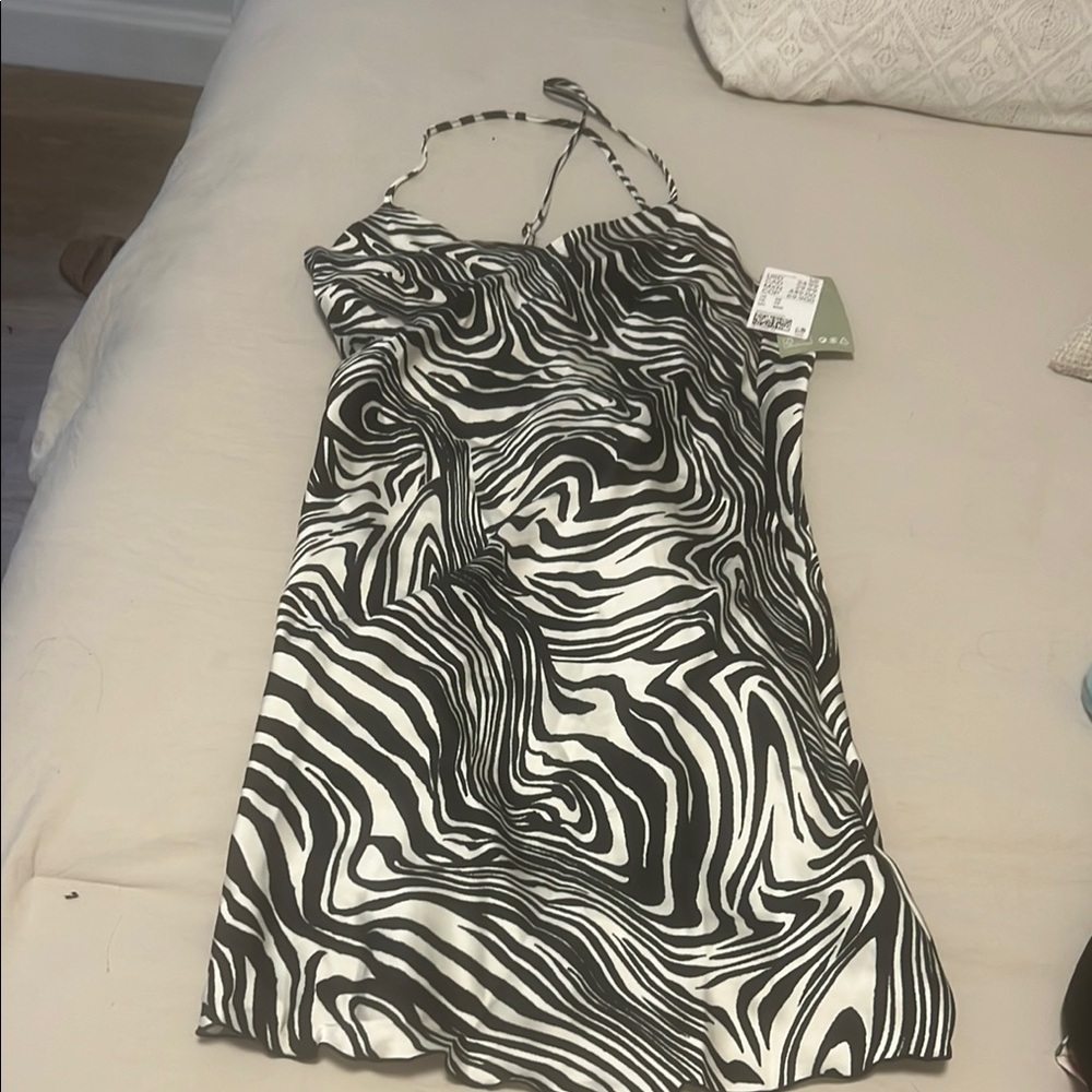 H&M Zebra print Satin  Black and White Spaghetti Strap Mini Dress